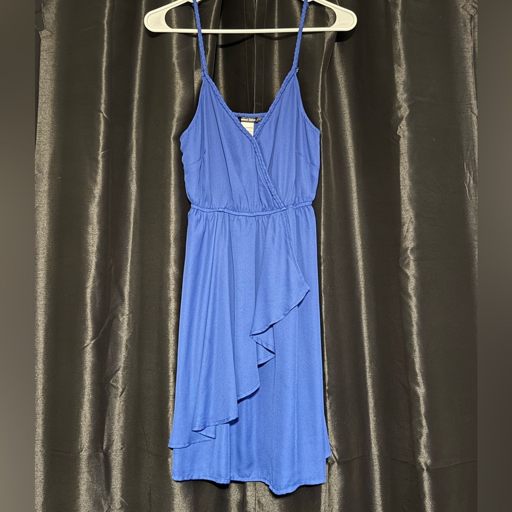 Sleeveless Royal Blue Midi Wrap Dress with Ruffle Detail